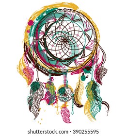 Dream catcher with ornament. Tattoo art. Hand drawn grunge style art. Colorful retro  banner, card, scrap booking, t-shirt, bag, print, poster.Highly detailed vintage hand drawn vector illustration