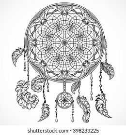 Dream catcher with ornament. Tattoo art. Design concept for banner, card, scrap booking, t-shirt, bag, print, poster.Highly detailed vintage black and white hand drawn vector illustration svg