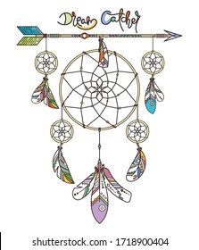 Dream Catcher. Ornate dream catcher with feathers. Vector abstract illustration, modern line style. Background or greeting card with place for your text