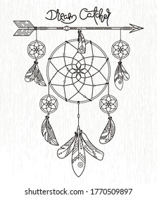 Dream Catcher. Ornate dream catcher with feathers. Vector abstract illustration, modern line style. Background or greeting card with place for your text
