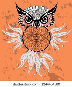 dream catcher with owl. boho style. totem animal