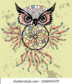 dream catcher with owl. boho style. totem animal