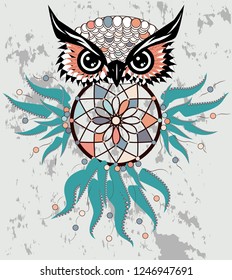 dream catcher with owl. boho style. totem animal