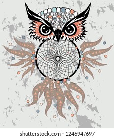 dream catcher with owl. boho style. totem animal