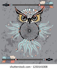 dream catcher with owl. boho style. totem animal