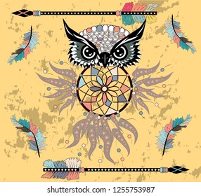 dream catcher with owl. boho style. totem animal
