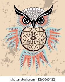 dream catcher with owl. boho style. totem animal