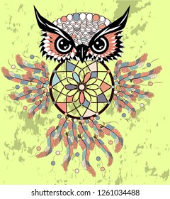 dream catcher with owl. boho style. totem animal