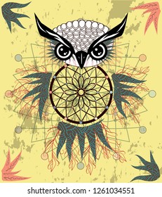 dream catcher with owl. boho style. totem animal