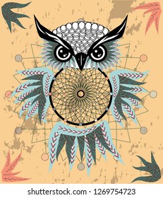 dream catcher with owl. boho style. totem animal.