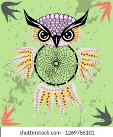 dream catcher with owl. boho style. totem animal.