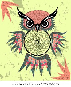 dream catcher with owl. boho style. totem animal.