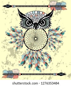 dream catcher with owl. boho style. totem animal.
