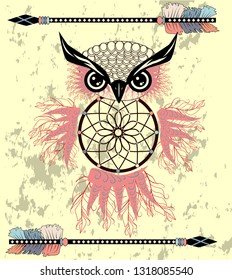 dream catcher with owl. boho style. totem animal