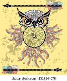 dream catcher with owl. boho style. totem animal