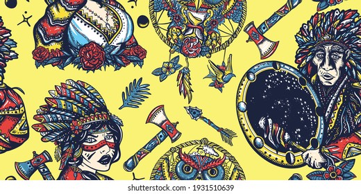 Dream Catcher, Owl And Old Cherokee Shaman. Native American Indian Seamless Pattern. Old School Tattoo Style. Tribal Culture And History. Ethnic Warrior Girl, Shamanic Female