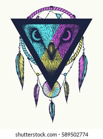 Dream catcher, owl view. The idea for a tattoo, t-shirts or cover. Vector illustration.