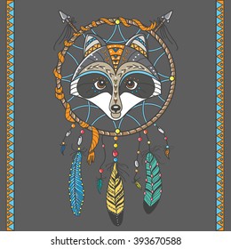 dream catcher with raccoon. boho style. totem animal