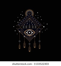 Dream catcher, religion, spirituality ethnic symbol, design element for fashion print, label, poster vector Illustration on a black background