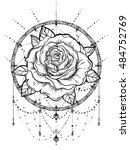 Dream catcher with rose flower, detailed vector illustration isolated on white. Blackwork tattoo flash, mystic symbol. New school dotwork. Boho design. Print, posters, t-shirts and textiles.