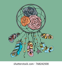 Dream catcher with rose flower. Tattoo art, mystic symbol. Print, posters, t-shirts and textiles,  scrap booking. Vector illustration isolated on white. Boho style. Coloring book