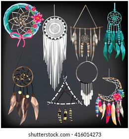 Dream catcher set colorful low poly designs isolated on dark background. Vector illustration.
