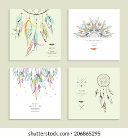 Dream  Catcher. Set Of Four Cards. Vector Illustration.