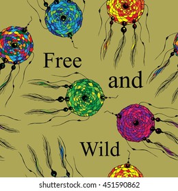 Dream catcher set. Free an wild. Hand drawn vector stock illustration. Seamless background pattern.