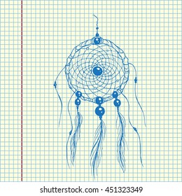 Dream catcher. Sheet ball pen drawing. Hand drawn vector stock illustration.