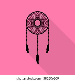 Dream catcher sign. Black icon with flat style shadow path on pink background.