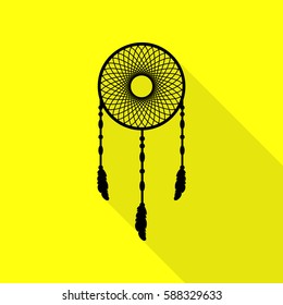 Dream catcher sign. Black icon with flat style shadow path on yellow background.