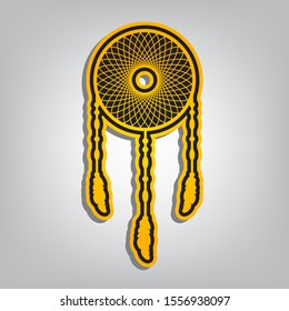 Dream catcher sign. Flat orange icon with overlapping linear black icon with gray shadow at whitish background. Illustration.