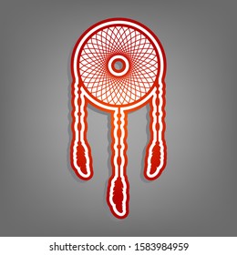 Dream catcher sign. Flat red icon with linear white icon with gray shadow at grayish background. Illustration.