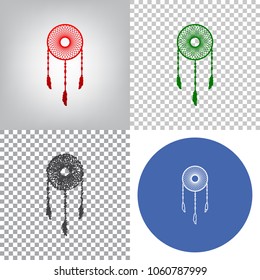 Dream catcher sign. Vector. 4 styles. Red gradient in radial lighted background, green flat and gray scribble icons on transparent and linear one in blue circle.