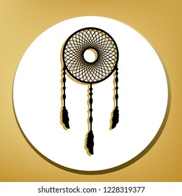Dream catcher sign. Vector. Black icon with light brown shadow in white circle with shaped ring at golden background.