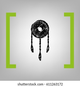 Dream catcher sign. Vector. Black scribble icon in citron brackets on grayish background.
