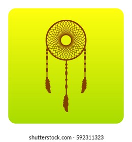 Dream catcher sign. Vector. Brown icon at green-yellow gradient square with rounded corners on white background. Isolated.
