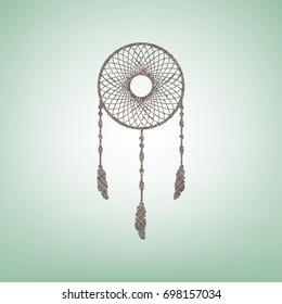 Dream catcher sign. Vector. Brown flax icon on green background with light spot at the center.