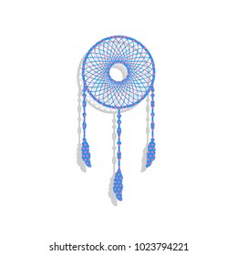 Dream catcher sign. Vector. Neon blue icon with cyclamen polka dots pattern with light gray shadow on white background. Isolated.