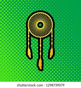 Dream catcher sign. Vector. Pop art orange to yellow dots-gradient icon with black contour at greenish background.