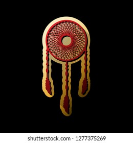 Dream catcher sign. Vector. Red icon with small black and limitless shadows at golden sticker on black background.