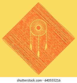 Dream catcher sign. Vector. Red scribble icon obtained as a result of subtraction rhomb and path. Royal yellow background.