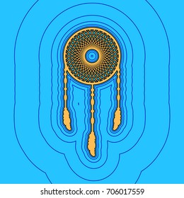 Dream catcher sign. Vector. Sand color icon with black contour and equidistant blue contours like field at sky blue background. Like waves on map - island in ocean or sea.