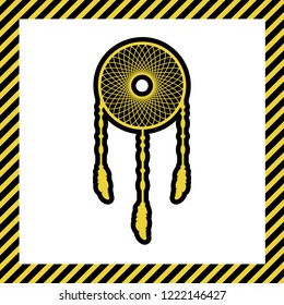 Dream catcher sign. Vector. Warm yellow icon with black contour in frame named as under construction at white background. Isolated.