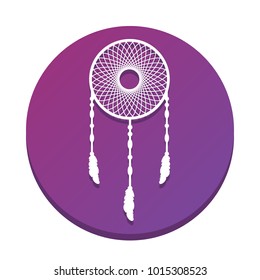 Dream catcher sign. Vector. White icon with flat shadow on purpureus circle at white background. Isolated.