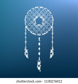 Dream catcher sign. Vector. White textured icon at lapis lazuli gradient background.