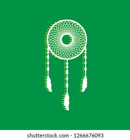 Dream catcher sign. Vector. White flat icon with yellow striped shadow at green background.