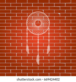 Dream catcher sign. Vector. Whitish icon on brick wall as background.