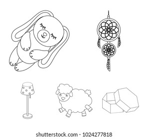 Dream catcher, soft toy sheep and rabbit, floor lamp. Rest and sleep set collection icons in outline style vector symbol stock illustration web.