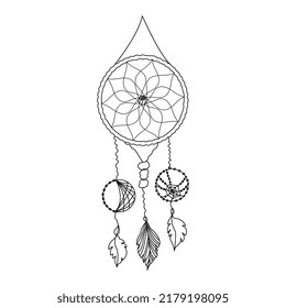 Dream catcher with spiderweb, threads, beads and feathers. Native american symbol in boho style. Doodle dreamcatcher symbol. Hand drawn dreamcatcher element for design. Isolated on white background.
